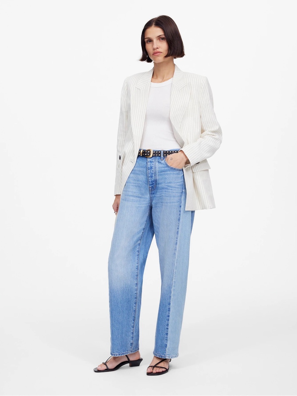 Madewell Pieced Barrel Leg Jeans 31 Blue Denim Button Fly Minimalist Casual Chic